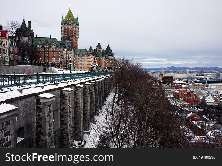CHATEAU FRONTENAC in Quebec city in winter with snow. CHATEAU FRONTENAC in Quebec city in winter with snow