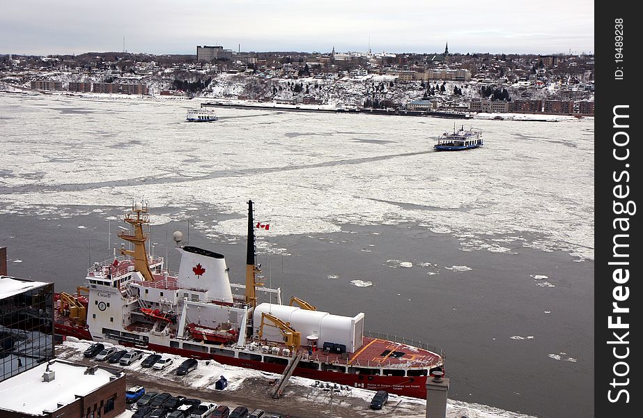 The river in Quebec city in winter with snow. The river in Quebec city in winter with snow