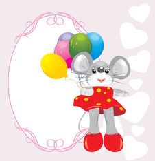 Mouse Toy With Colorful Balloons. Greeting Card Stock Photo