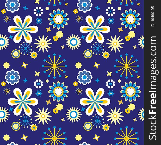 Seamless floral pattern flowers at dark blue background. Seamless floral pattern flowers at dark blue background