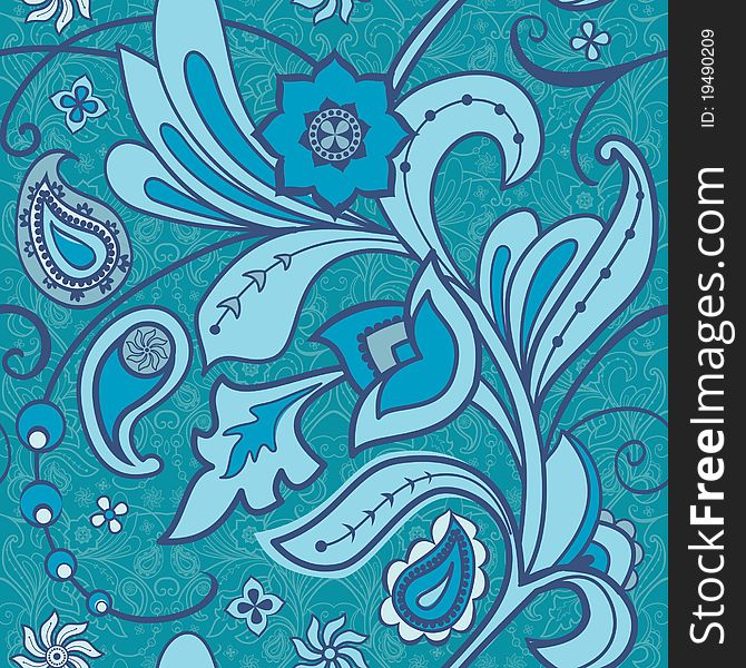 Floral seamless ornamental background in green-blue