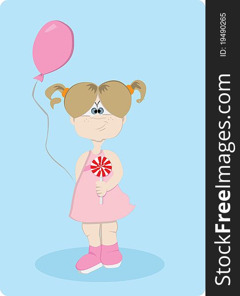 A small girl with candy and a balloon. Vector format. No gradients used. A small girl with candy and a balloon. Vector format. No gradients used.