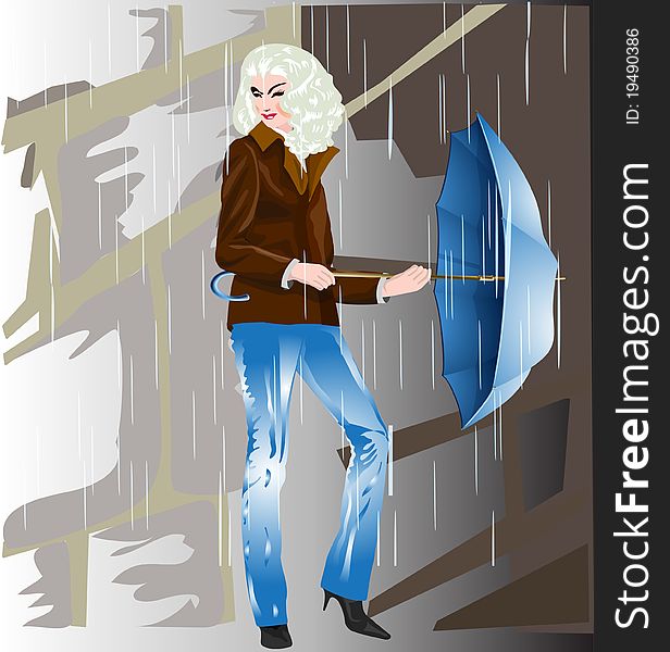 Girl standing at the wall and keeps the rain umbrella