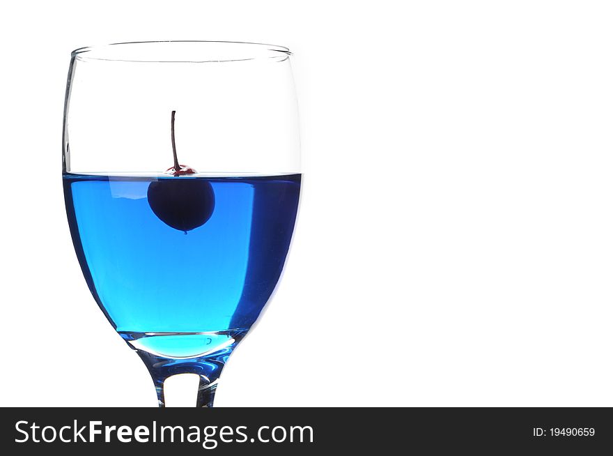 Cherry In Blue Water Isolated White Background