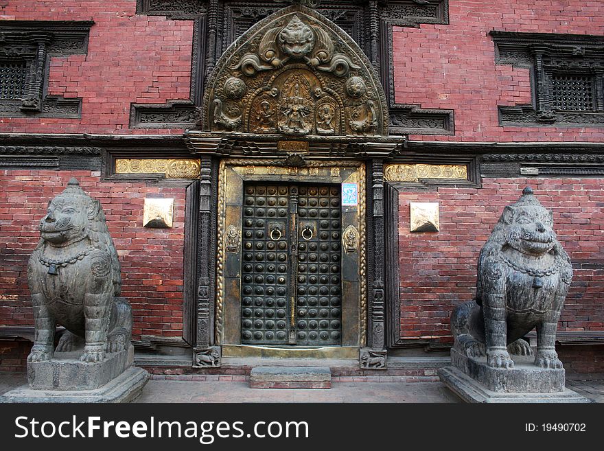 The golden door of the ancient royal palace of patan in nepal