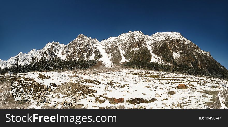 Beautiful panoramic image of the Himalayan range as seen from Yumthang valley in Sikkim, India. Beautiful panoramic image of the Himalayan range as seen from Yumthang valley in Sikkim, India