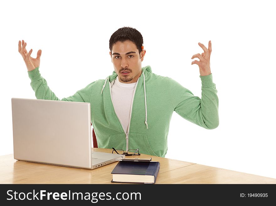 A man is studying at a computer and looks frustrated. A man is studying at a computer and looks frustrated.