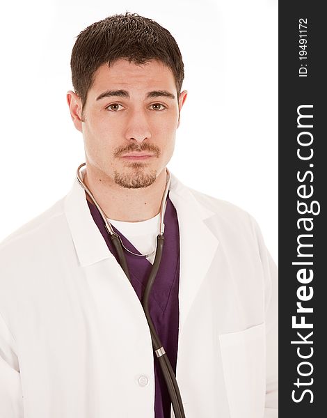 A portrait of a doctor in a lab coat with a serious expression. A portrait of a doctor in a lab coat with a serious expression.