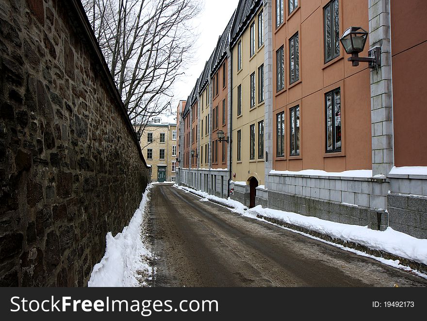 Street in Quebec city in winter with snow. Street in Quebec city in winter with snow