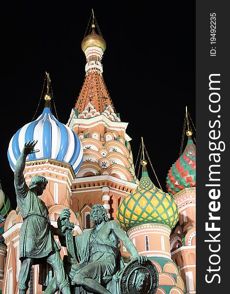 Minin and Pozarsky monument in the dark night on the Saint Basil's Cathedral background