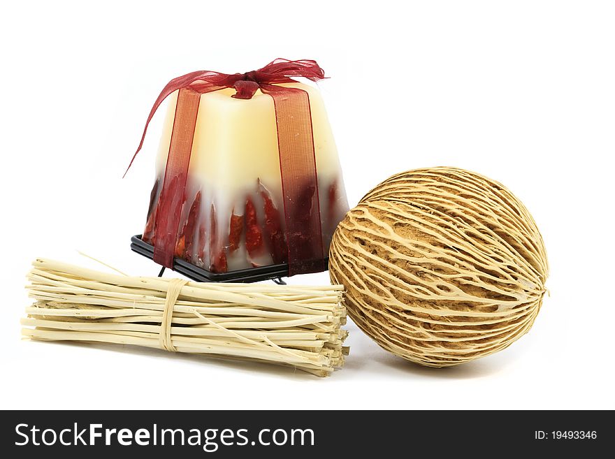 White and red candle decoration isolated on white background