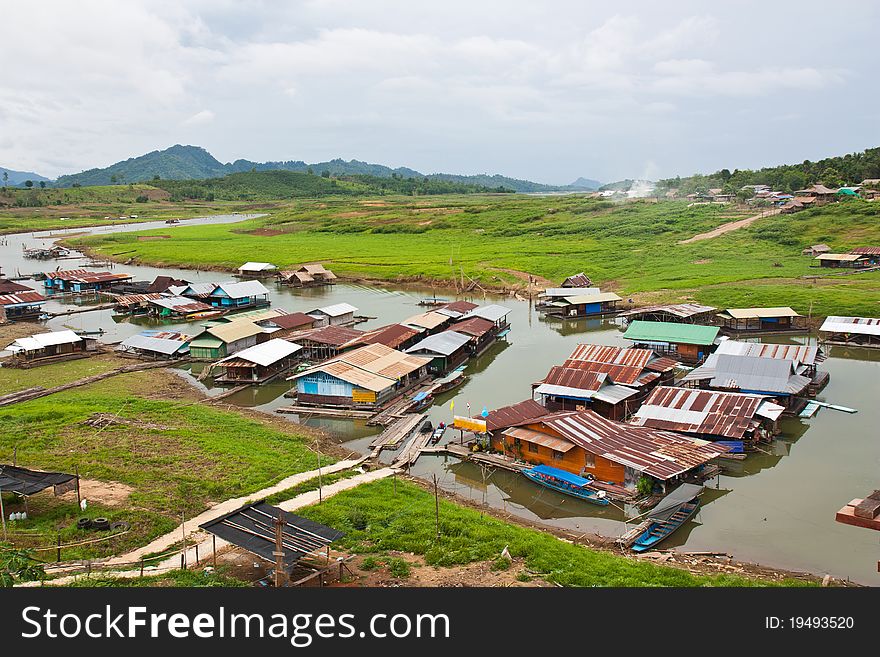 Landscape of houseboats in Songaria river ,Kanchanabury,Thailand
