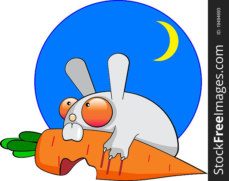 Greedy cartoon rabbit eats carrots