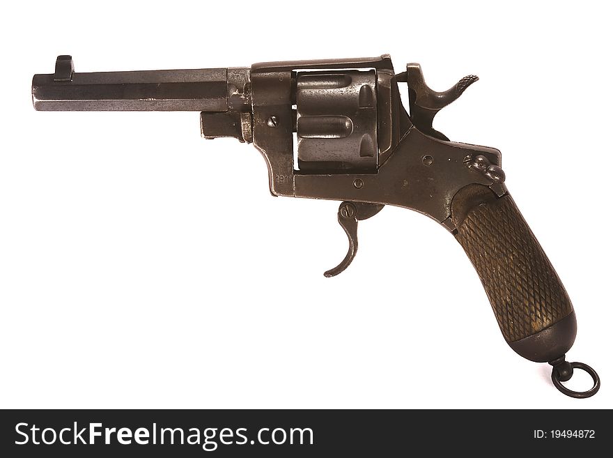 This is a 1918 Italian made 10.4 mm military revolver; isolated. This is a 1918 Italian made 10.4 mm military revolver; isolated.
