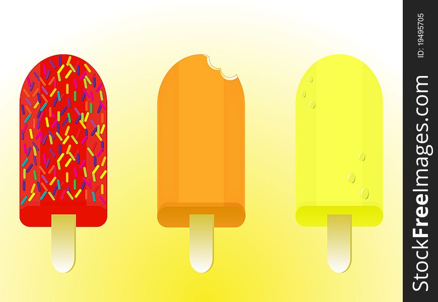 Lolly pops selection of three - red with hundreds and thousands decoration covering, orange with bite and yellow with ice drops. Lolly pops selection of three - red with hundreds and thousands decoration covering, orange with bite and yellow with ice drops