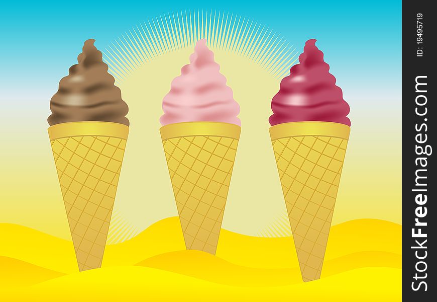 Ice cream cones in sand with chocolate, strawberry and cherry flavour. Ice cream cones in sand with chocolate, strawberry and cherry flavour