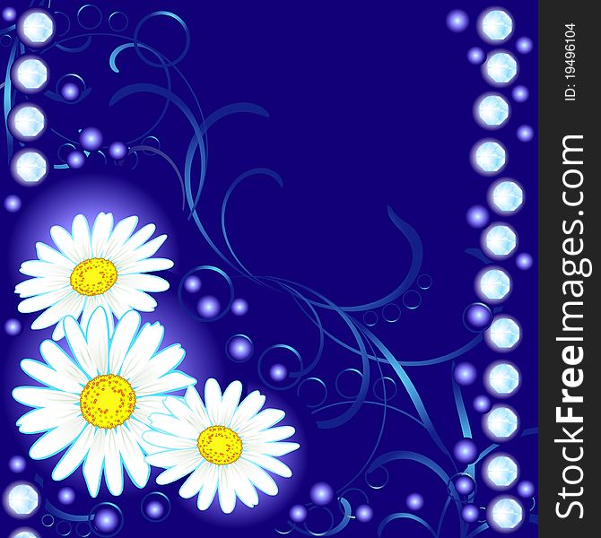 Blue card with daisies and shining gems. Blue card with daisies and shining gems