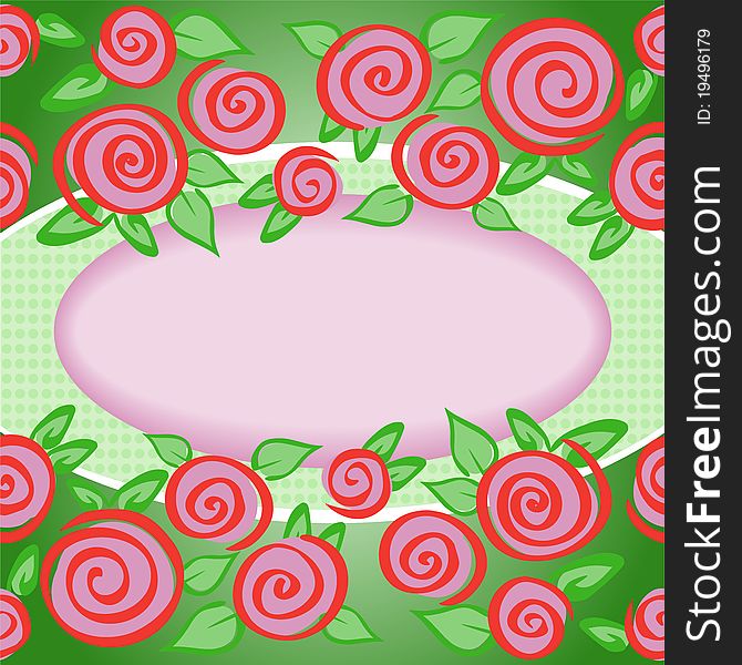 Purple oval frame on a green background framed by roses