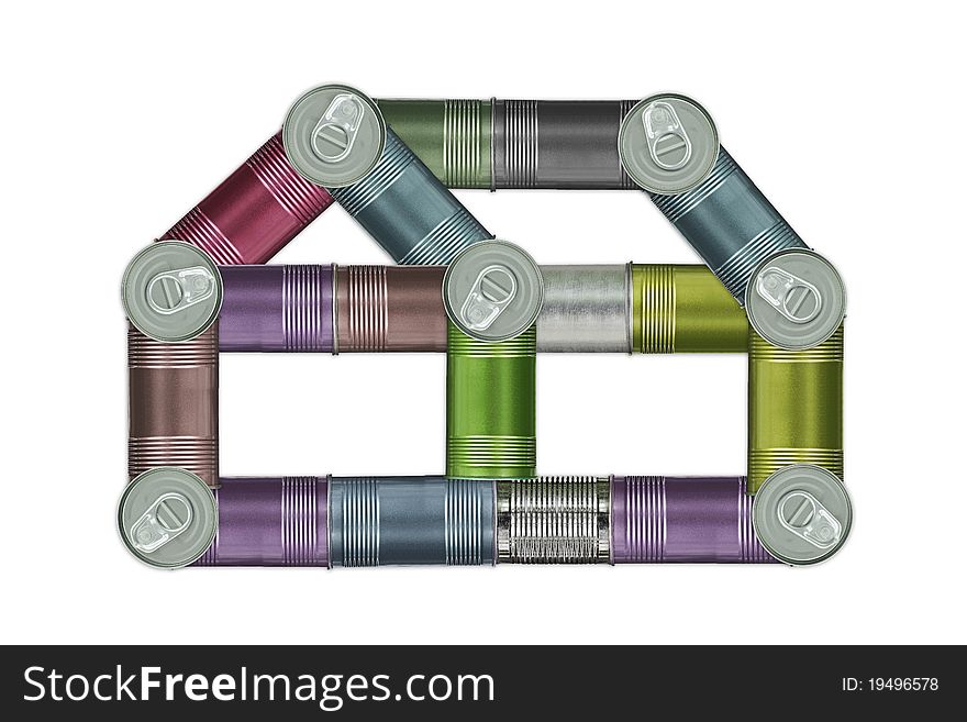 House made of metal cans for recycling , isolated on white background