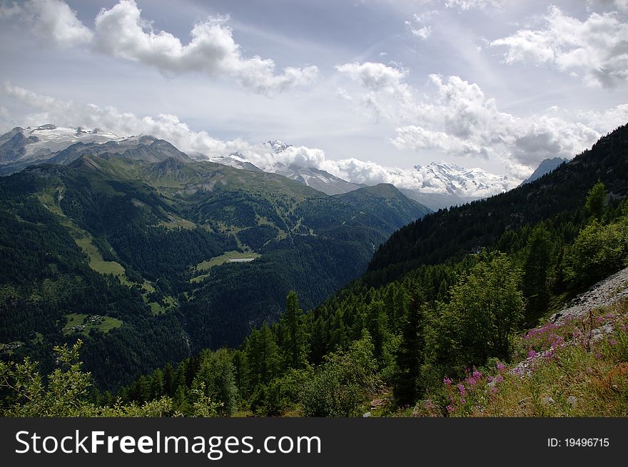 Mountain landscape with snowy peaks, green slopes, pastures,  Switzerland, EU.