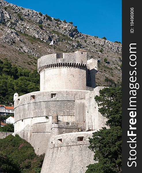 Part of the fortifications of the ancient city of Dubrovnik in Croatia. Part of the fortifications of the ancient city of Dubrovnik in Croatia
