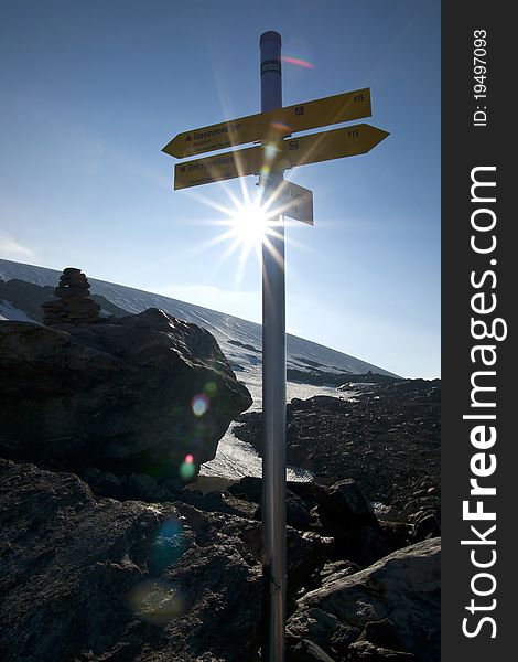 Summer morning sun behind a roadsigns. Summer morning sun behind a roadsigns