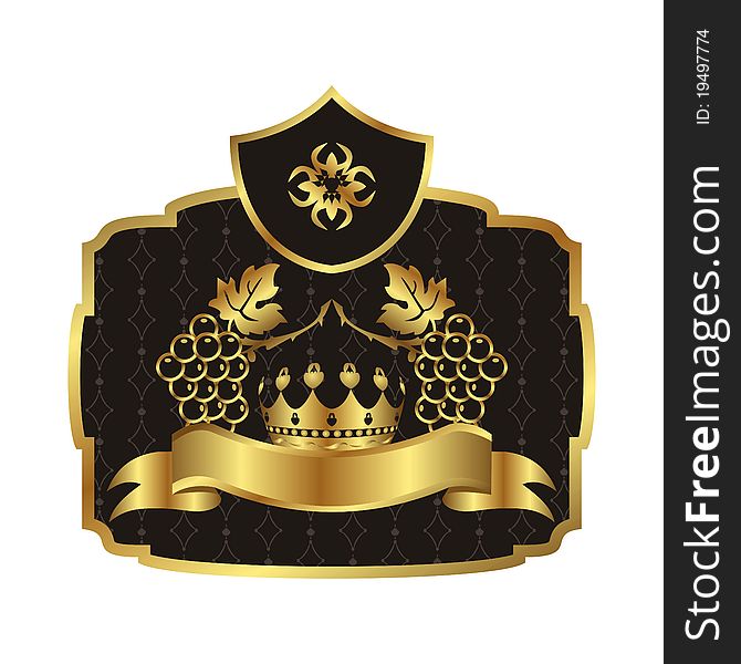 Illustration gold label with grapevine with crown - vector
