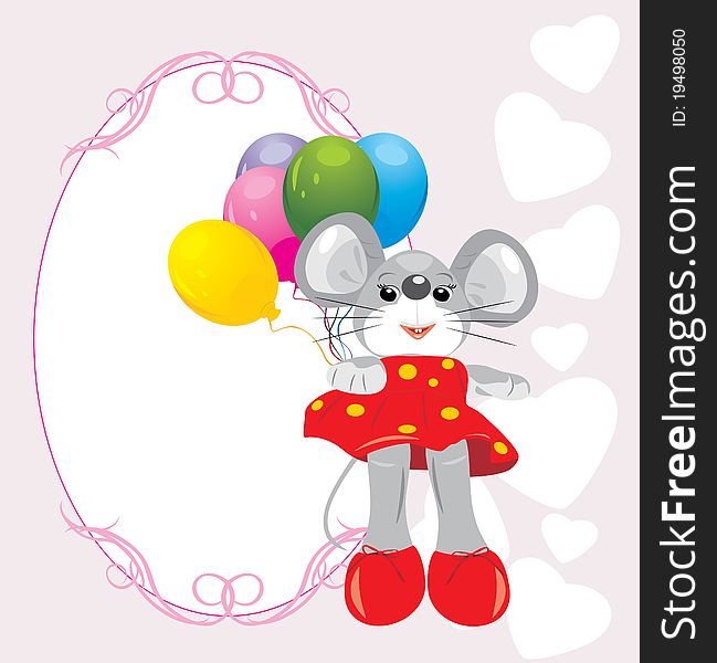 Mouse toy with colorful balloons. Greeting card