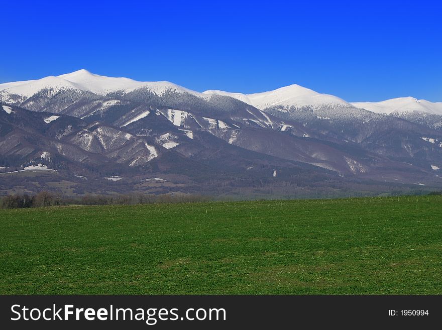 Early spring landscape with green field and snowy mountains. Early spring landscape with green field and snowy mountains