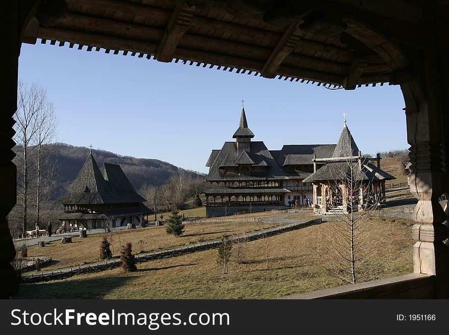 Wooden buildings on a ortodox monastery with wooden frame. Wooden buildings on a ortodox monastery with wooden frame