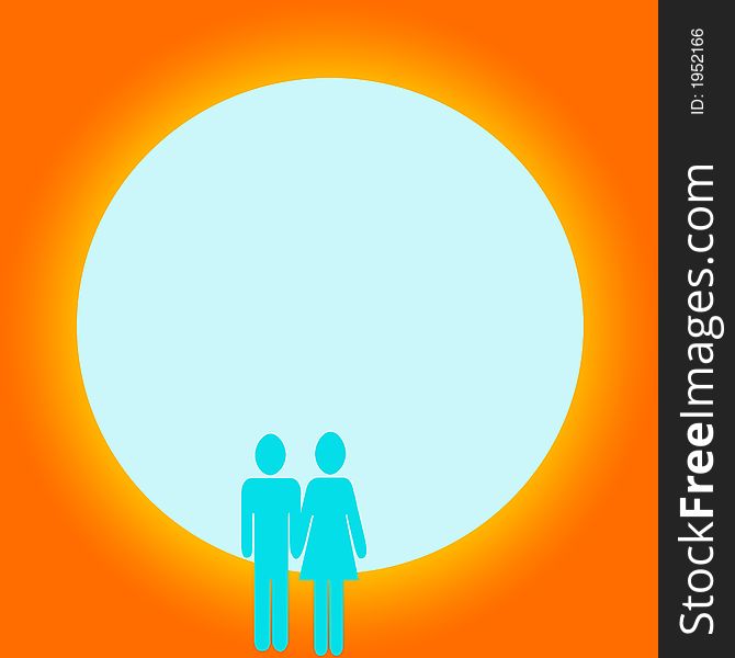 Orange background with sun and young couple. Orange background with sun and young couple.