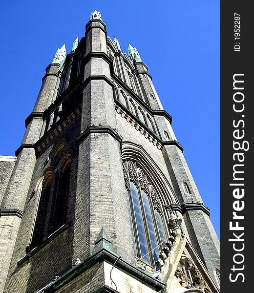 Looking upward at a church