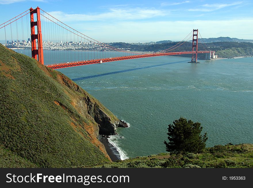 The beautiful Gloden Gate Bridge captured from the Marin Headlands side of the bay. The beautiful Gloden Gate Bridge captured from the Marin Headlands side of the bay