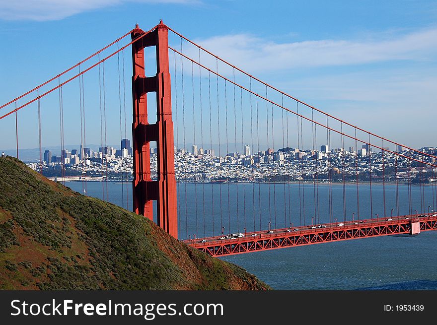 A beautiful view of the Golden Gate Bridge from the Marin Headlands. A beautiful view of the Golden Gate Bridge from the Marin Headlands