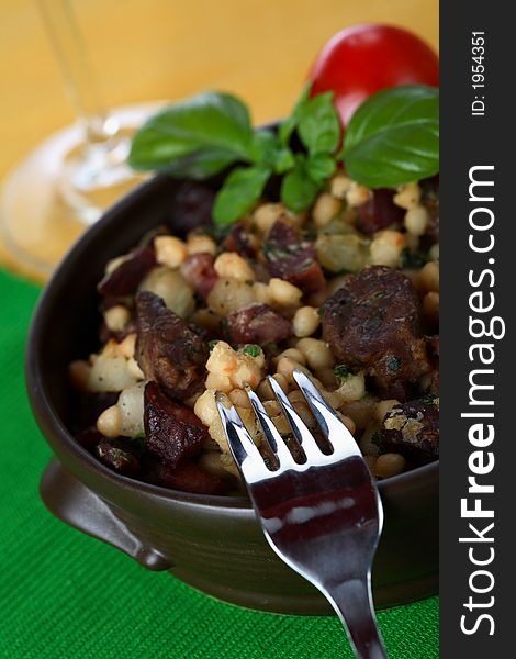 Casserole made from bean and beef in the bowl