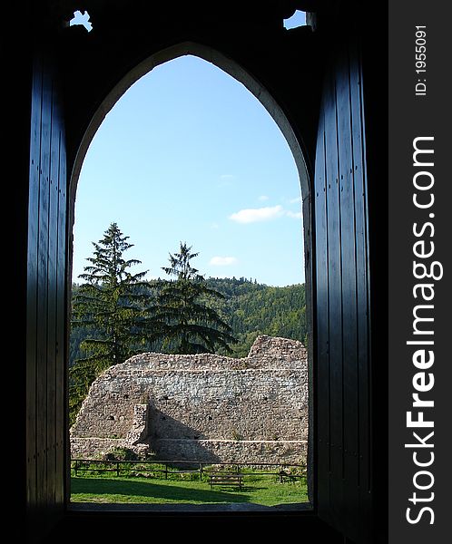 Historical castle from Litice.See from open window. Czech republic