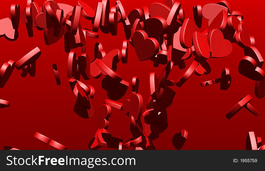 Fountain of red hearts - Love background - 3d render. Fountain of red hearts - Love background - 3d render