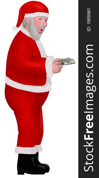 A santa holding a wad of cash. A santa holding a wad of cash