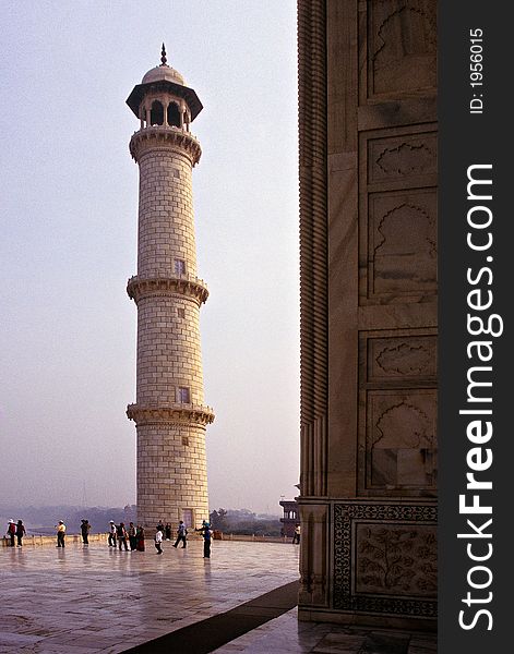 A minaret at the Taj Mahal at Agra, India