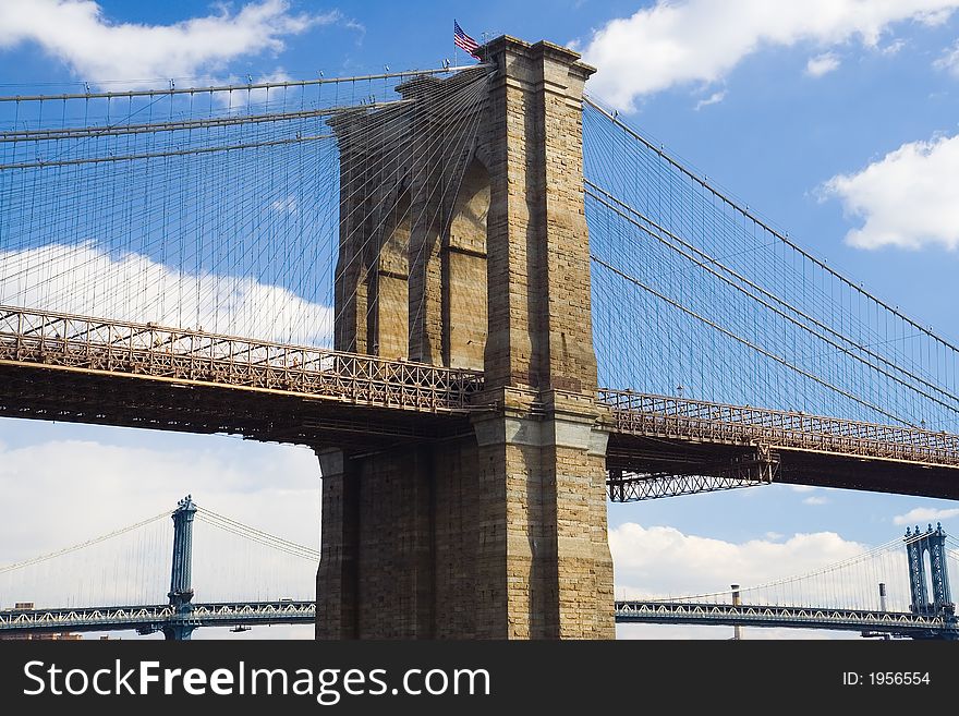 Tower of the Brooklyn Bridge with the Manhattan Bridge in Background