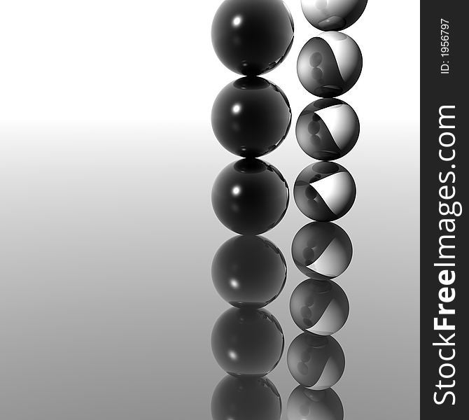 Two columns of a black and white balls - 3d scene. Two columns of a black and white balls - 3d scene.