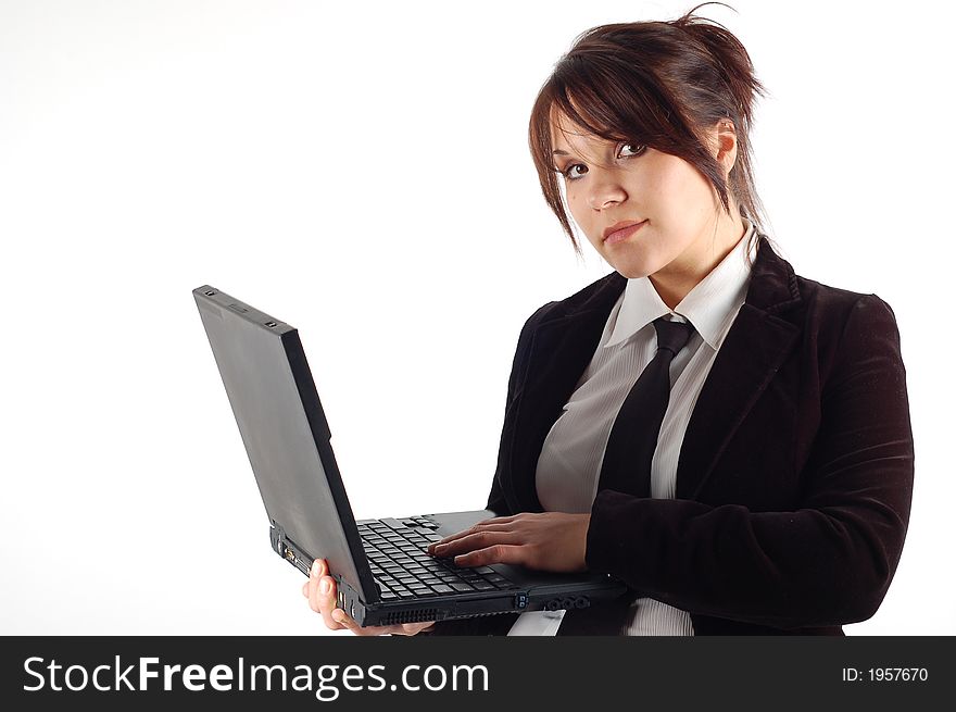 Attractive woman on white with laptop. Attractive woman on white with laptop
