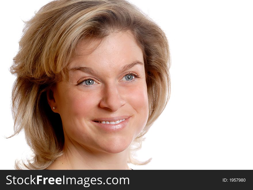 Cute blond woman's face on an isolated white background