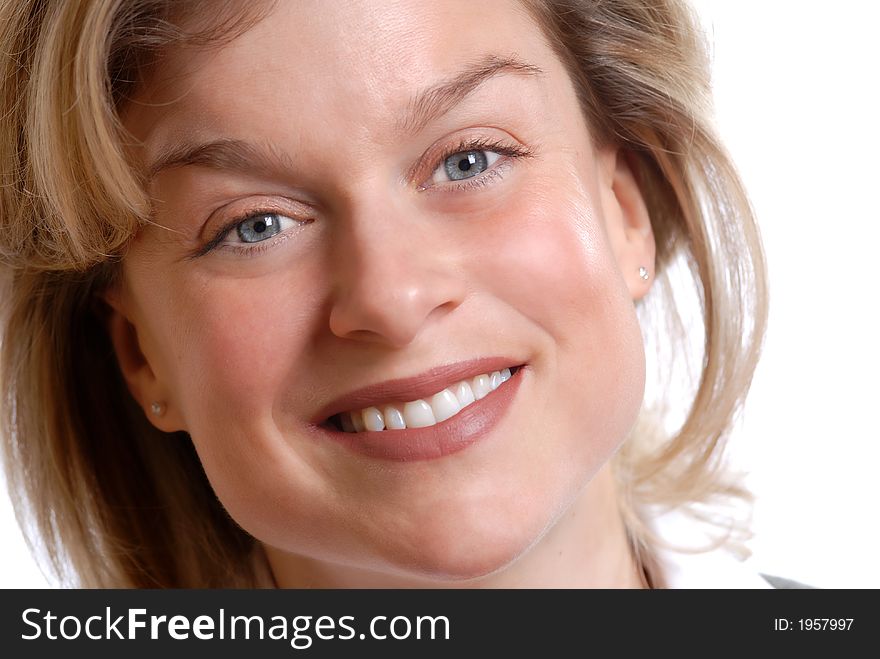 Cute blond woman's face on an isolated white background