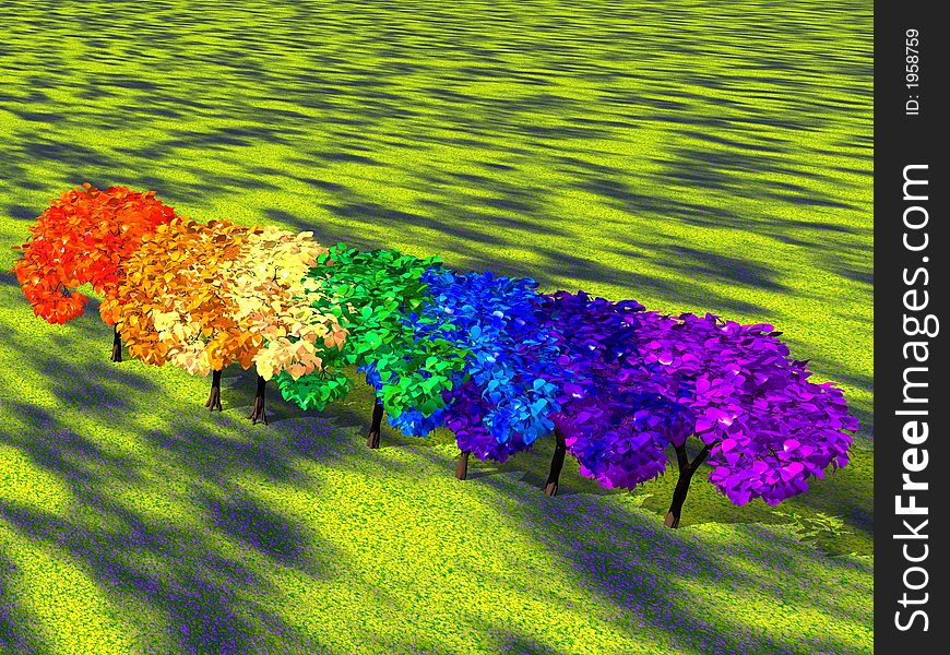 Trees representing the colours of the rainbow. Generated on computer. Trees representing the colours of the rainbow. Generated on computer.