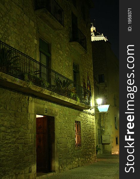 Old streets of medieval Girona, Northern Spain, by night, with cathedral in background. Old streets of medieval Girona, Northern Spain, by night, with cathedral in background