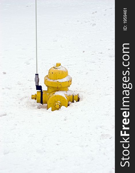 Yellow Fire Hydrant buried in deep, white, winter snow