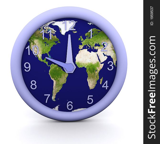 3d rendered clock showing the time with earth background. 3d rendered clock showing the time with earth background