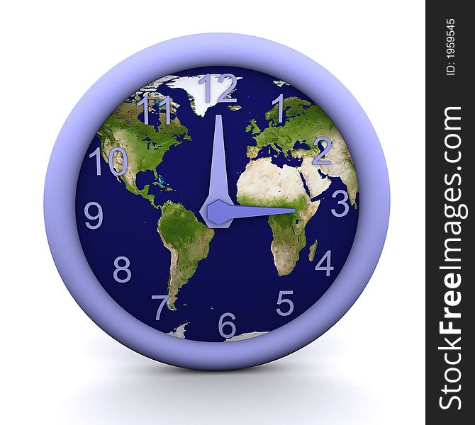 3d rendered clock showing the time with earth background. 3d rendered clock showing the time with earth background