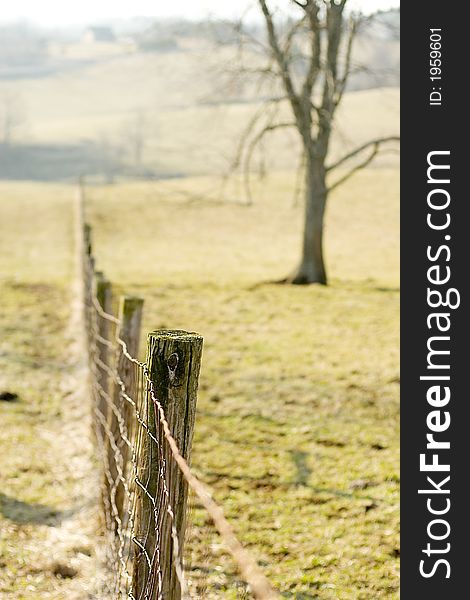 A wire fence on a farm on a field